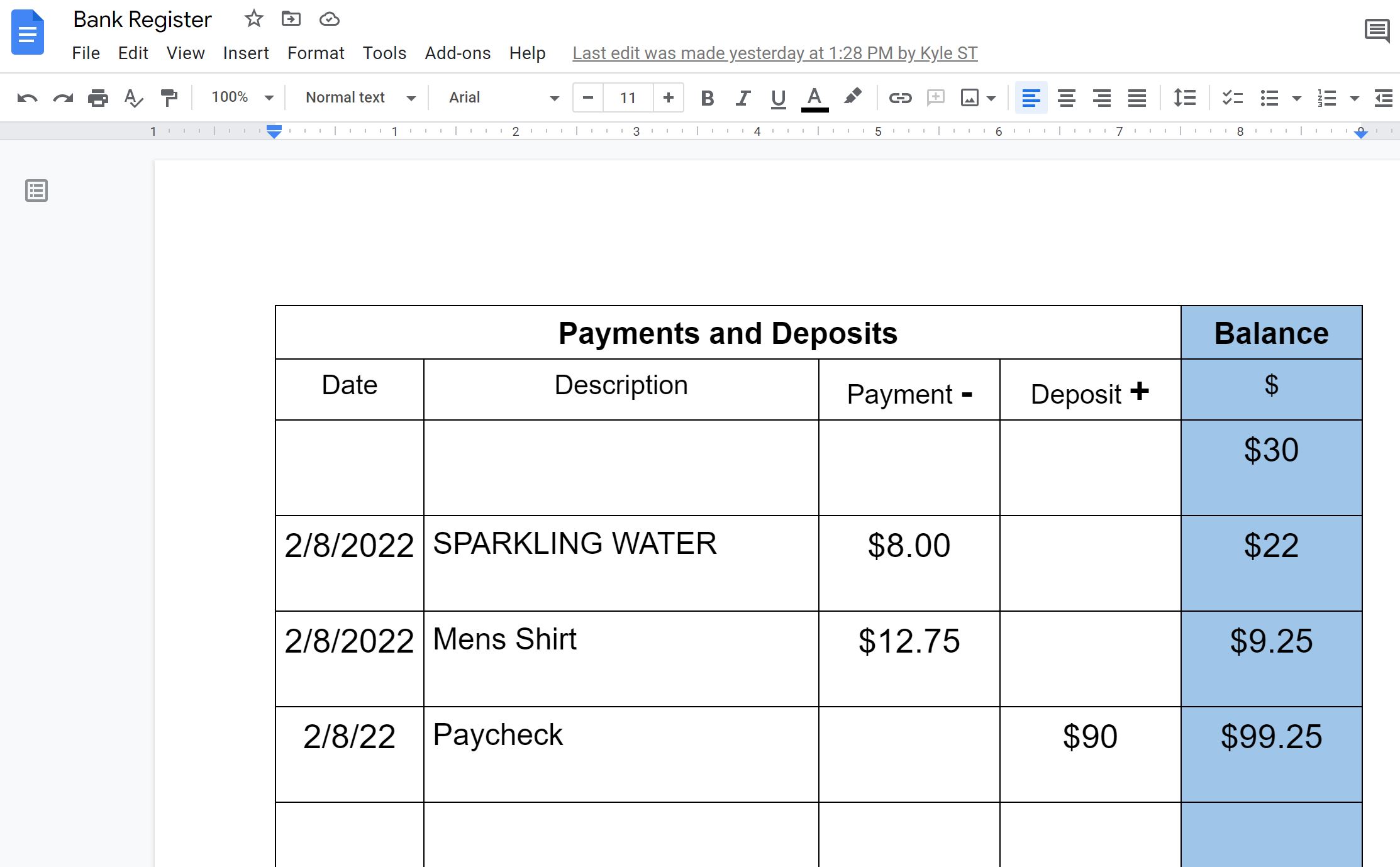 Running Bank Balance Activity